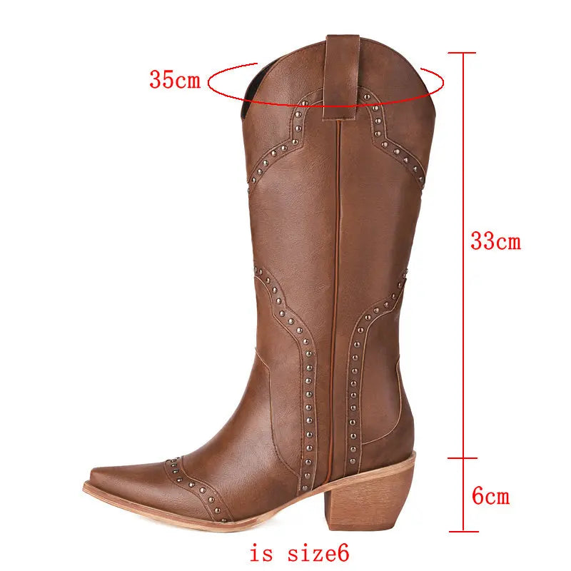 Rivet Women Western Boots Autumn Leather Wedges Knee High Boots Winter Cowboy Girl Boots