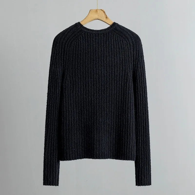 Early Spring Round Neck Pullover Rib Yarn Wool Knitted Slim Minimalist Sweater for Women