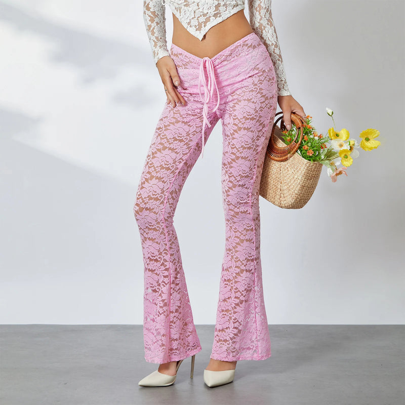 Floral Lace Sheer Flare Pants High Waist Cuffs Long Pant Fairy Coquette 90s Trousers Women Clubwear
