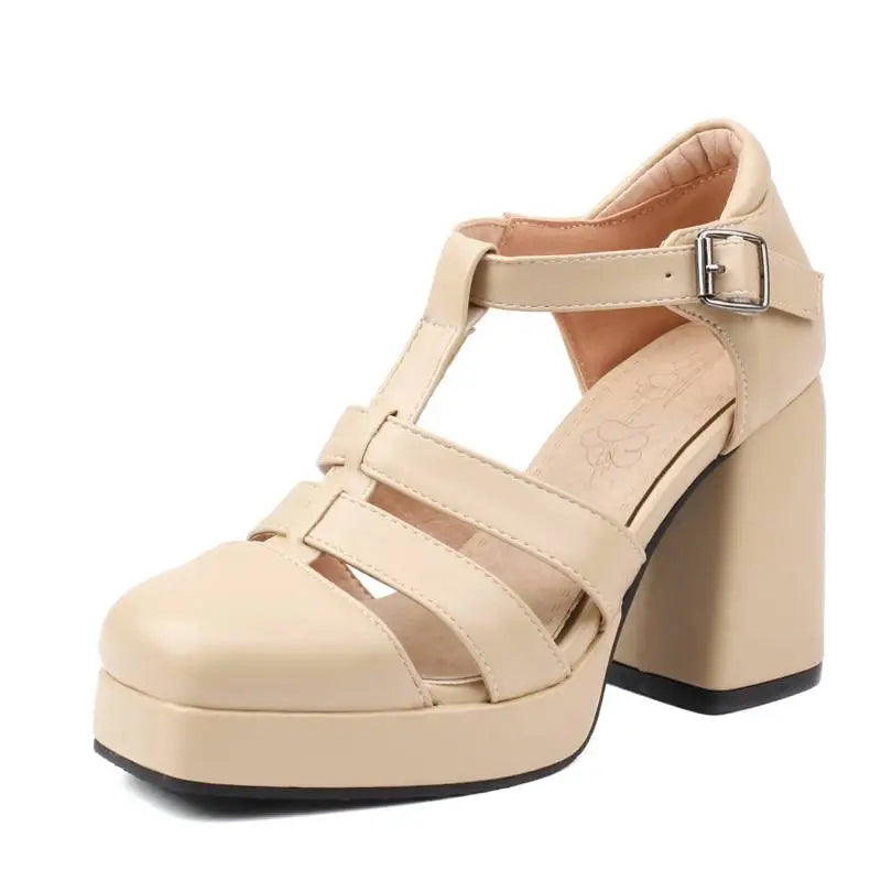 Female Pumps Square Toe Block Heels 9cm Platform 2cm Buckle Strap Hollow Concise Daily Women Shoes
