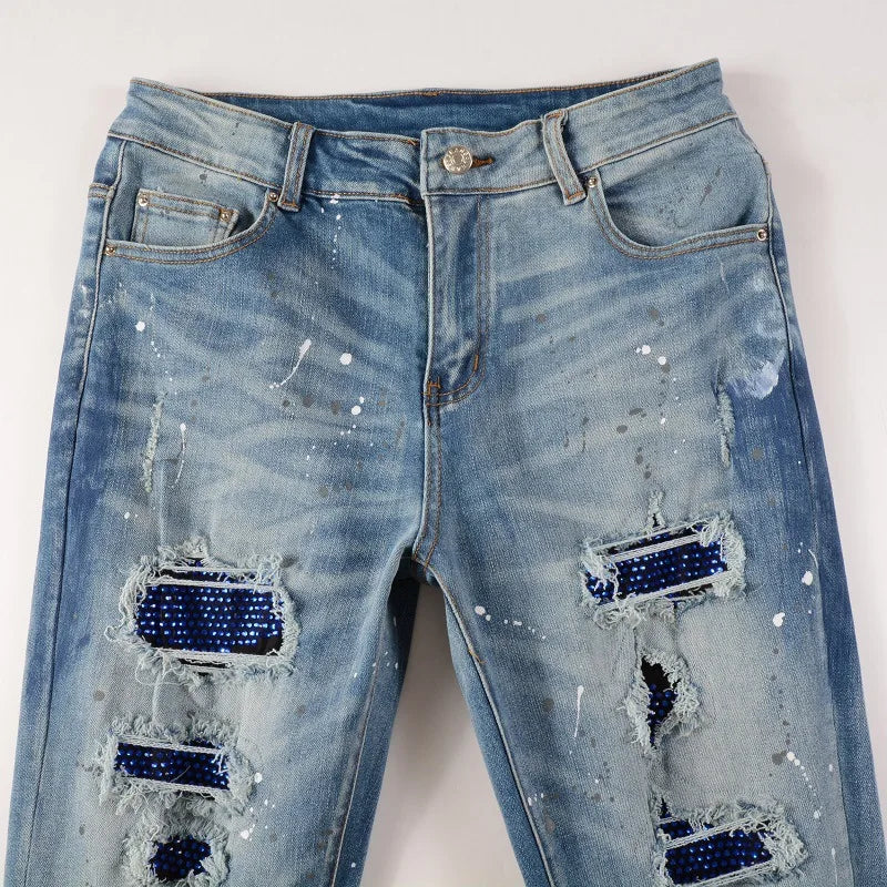 American-style High Street Ripped Jeans Young Men's Diamond-encrusted Jeans Stretch Comfortable Leg Jeans