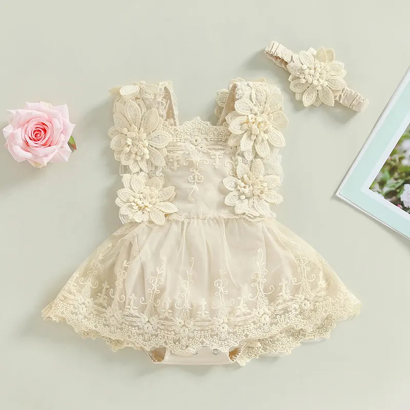 Baby Girls Romper Dress Summer Sleeveless Square Neck Floral Lace Embroidery Party Princess Bodysuit Headband Outfit