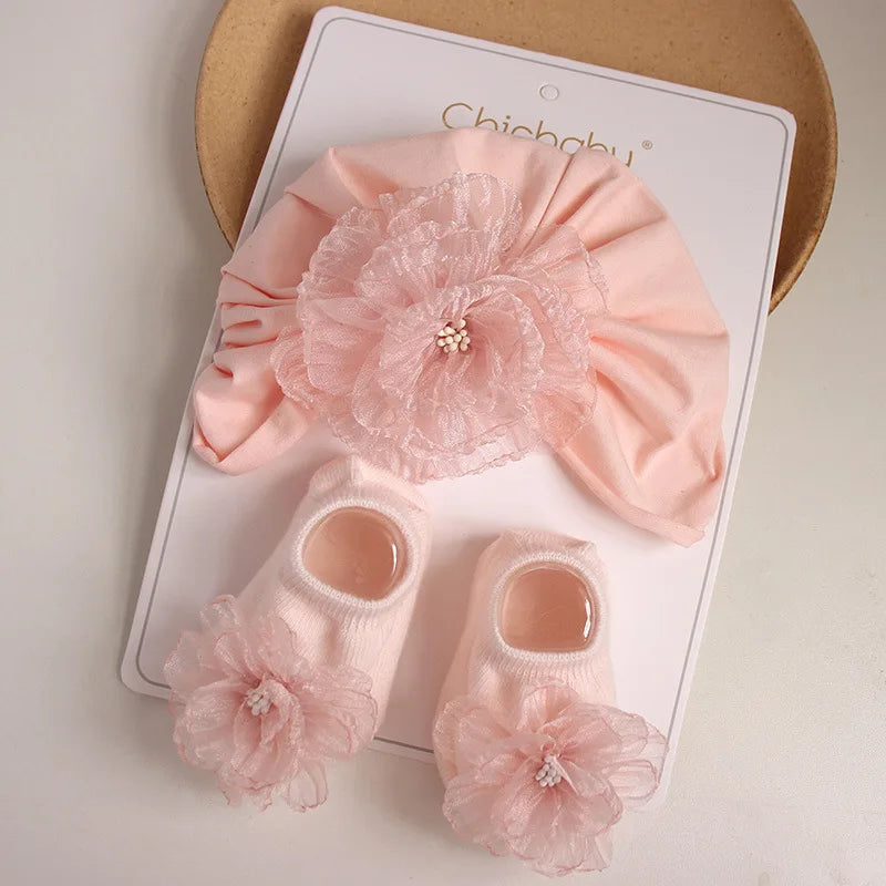 Princess Baby Girls Hat Socks Lace Flower Newborn Cap Headwrap Solid Floral Infant Girls Hats Turban Gift