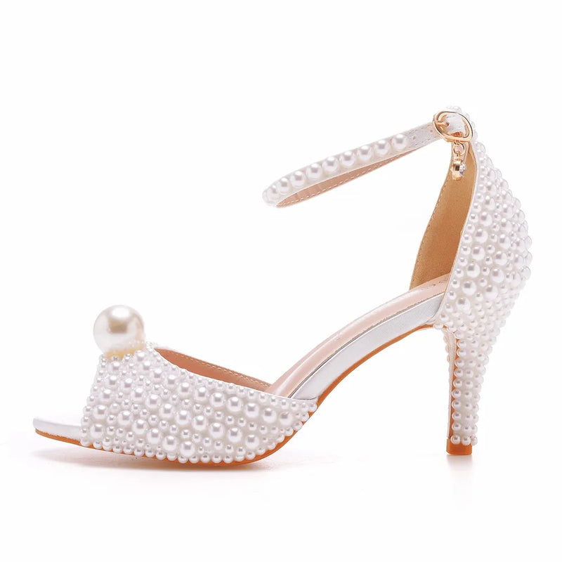 White Pearl Sandals Women Open Toe High Heels Lady Luxury Wedding Shoes Banquet Dress