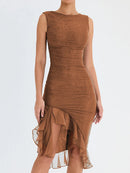 Elegant Ruffle Midi Dress For Women Robe Summer Backless Irregular Club Party Dress