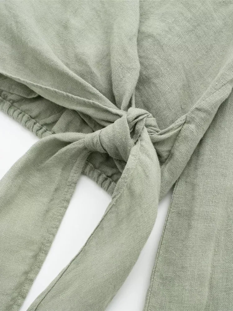 Summer Casual Women Blouse Wrap Linen Shirt Vintage Female Crop Top Short
