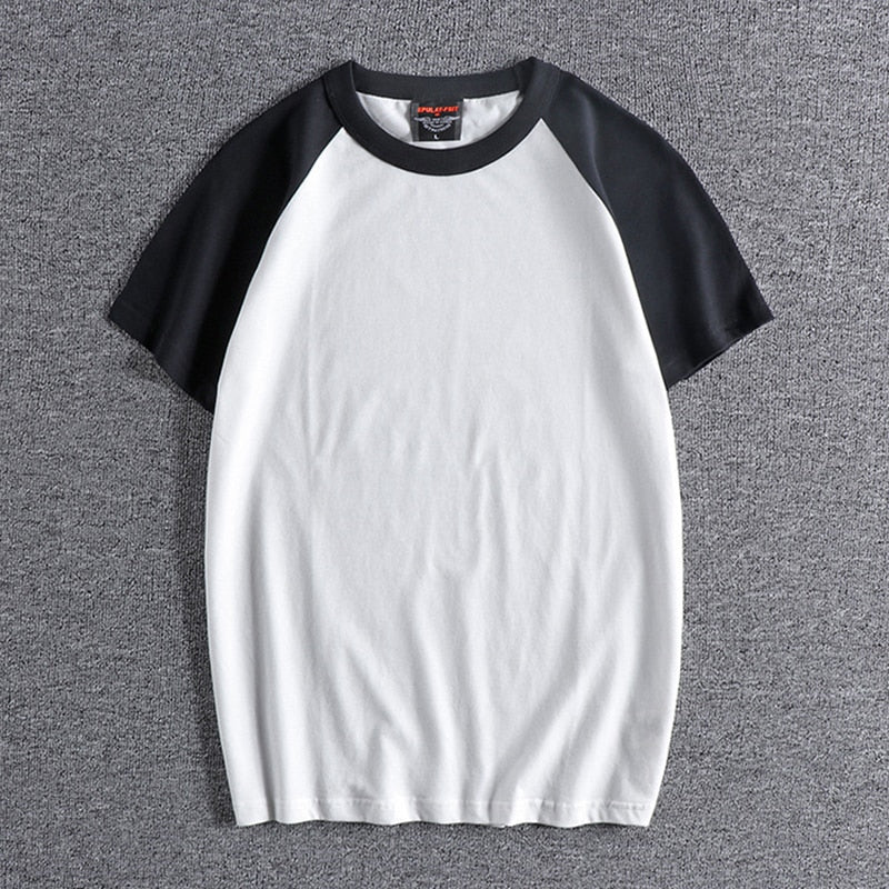 Summer Short Sleeved Men Retro Stitching Contrast Comfortable Round Neck Washed Cotton Raglan Youth Pullover T-Shirt