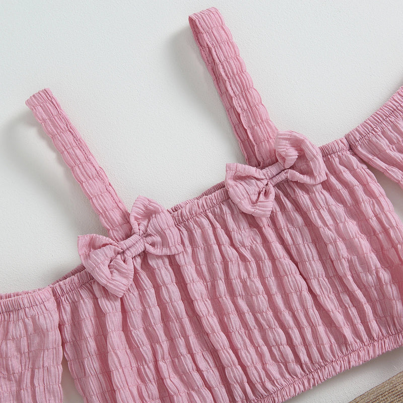 Summer Kid Girls Clothes Off Shoulder Short Sleeve Strap Tops Ruffle Skirt Set Pink Clothes