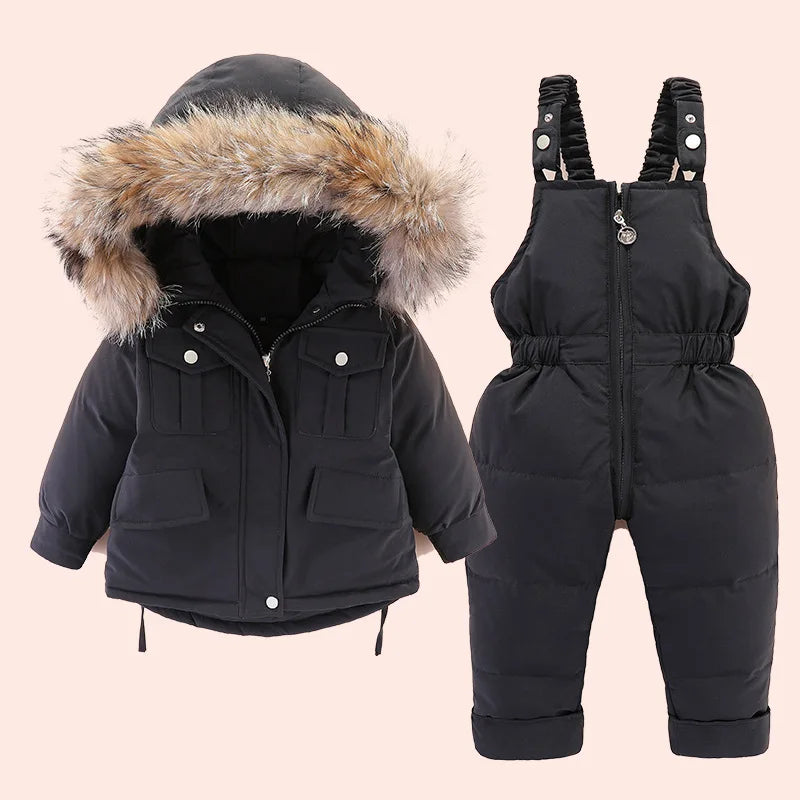 Toddler Baby Boys Girl Warm Clothes Set Kids Thicken Down Padded Set Fur Collar Down Jacket and Jumpsuit Winter Kids Suits