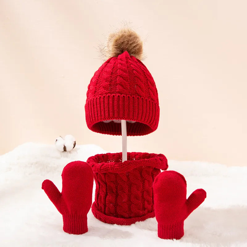 Christmas Gifts 3Pcs Baby Scarf Gloves Beanie Set Boy Girl Pompom Thick Warm Pullover Cap Solid Color Knit Mittens Scarves Hat