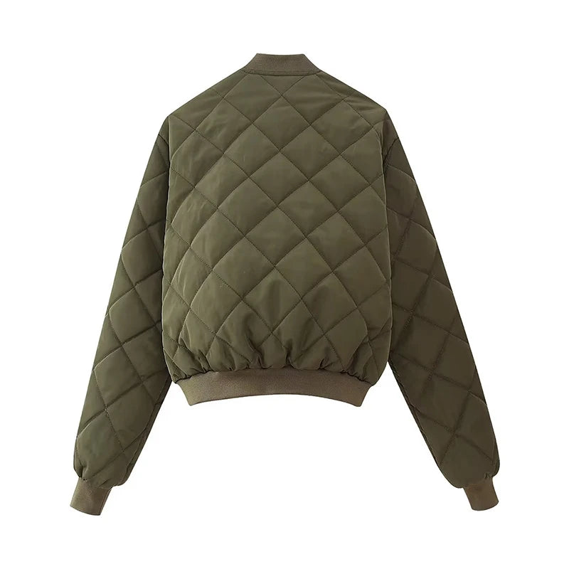 Vintage Quilted Cropped Bomber Jacket For Women Long Sleeve Single Breasted Autumn Outfits Female Army Green Outerwear