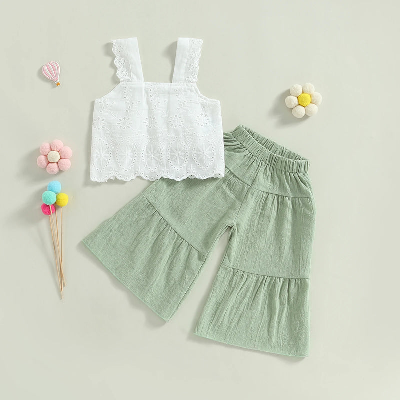 Summer Kids Baby Girls Outfit Solid Sleeveless Lace Tops and Elastic Casual Wide Leg Pants Clothes Set