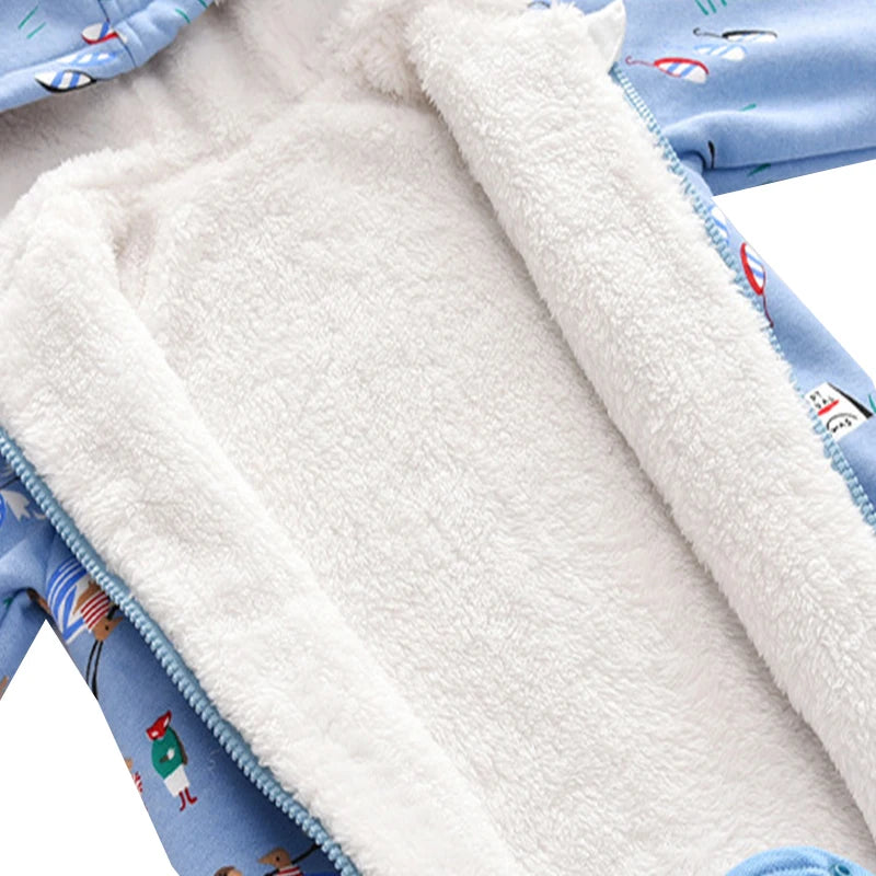 Baby Boys Winter Jumpsuit Cartoon Hooded Zipper Infant Romper Fleece Warm Clothes Toddler