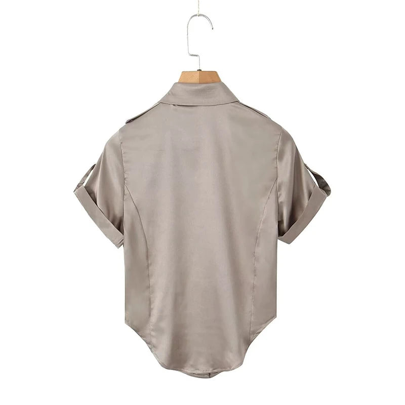Women Apricot Roll-up Sleeve Safari Satin Shirt Blouse Single Breasted Female Fishbone Summer Crop Top