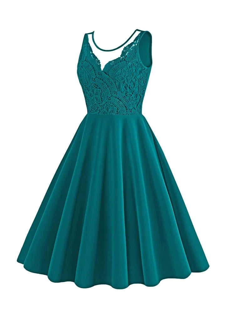 Elegant Sleeveless Turquoise Short Prom Dress Summer Swing Pinup Lace Cocktail Vintage Robe Gowns Birthday Dress for Women
