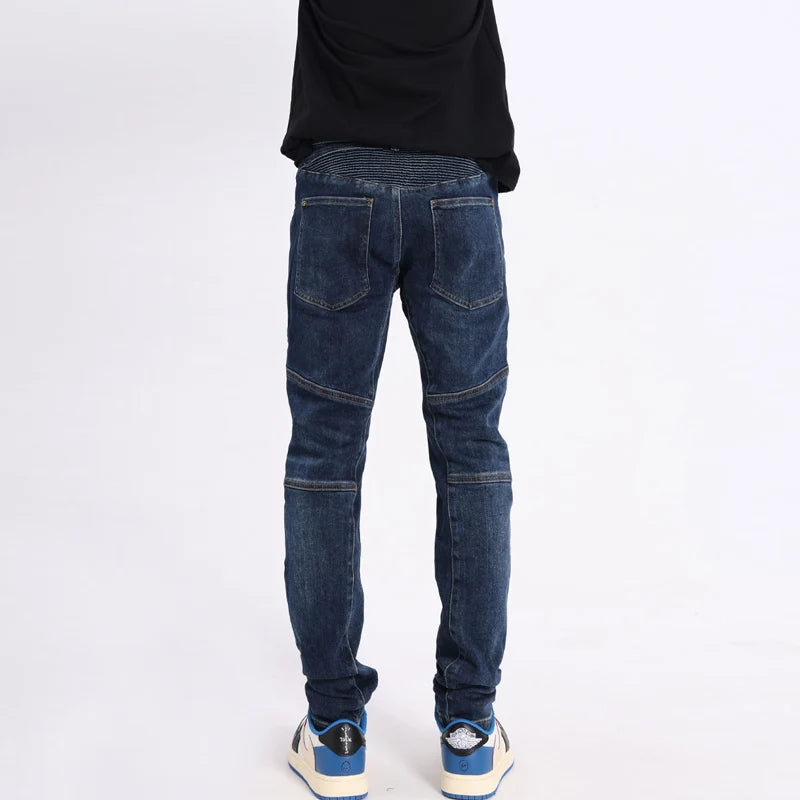 Men Jeans Spliced Designer Elastic Slim Fit Biker Jeans Men Retro Blue Zipper Patched Hip Hop Denim Pants