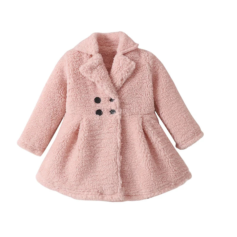 Winter Kids Girls Autumn Coat Solid Long Sleeve Plush Jacket Double Breasted Outwear Clothes