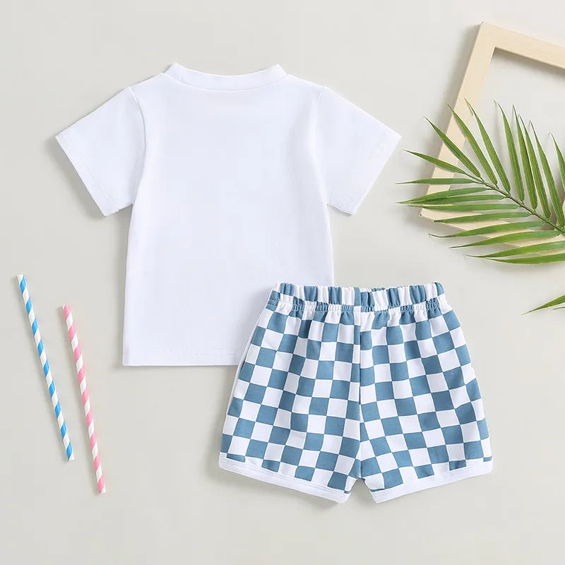 Baby 2 Piece Outfits 4th of July Flag Short Sleeve T-Shirt and Elastic Checkerboard Shorts Set Summer Boy Girl Clothes Set