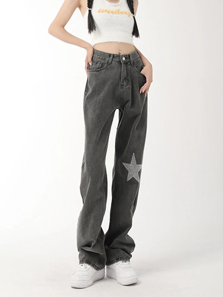 Jeans for Women Denim Pants Sequins Wide Leg Trousers Female Streetwear