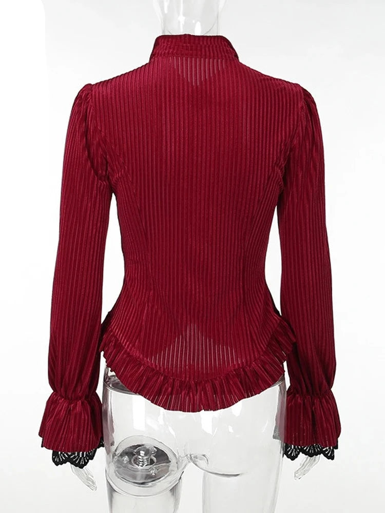 Corduroy Vintage Red Women Blouse Slim Striped Velvet Lace Patchwork