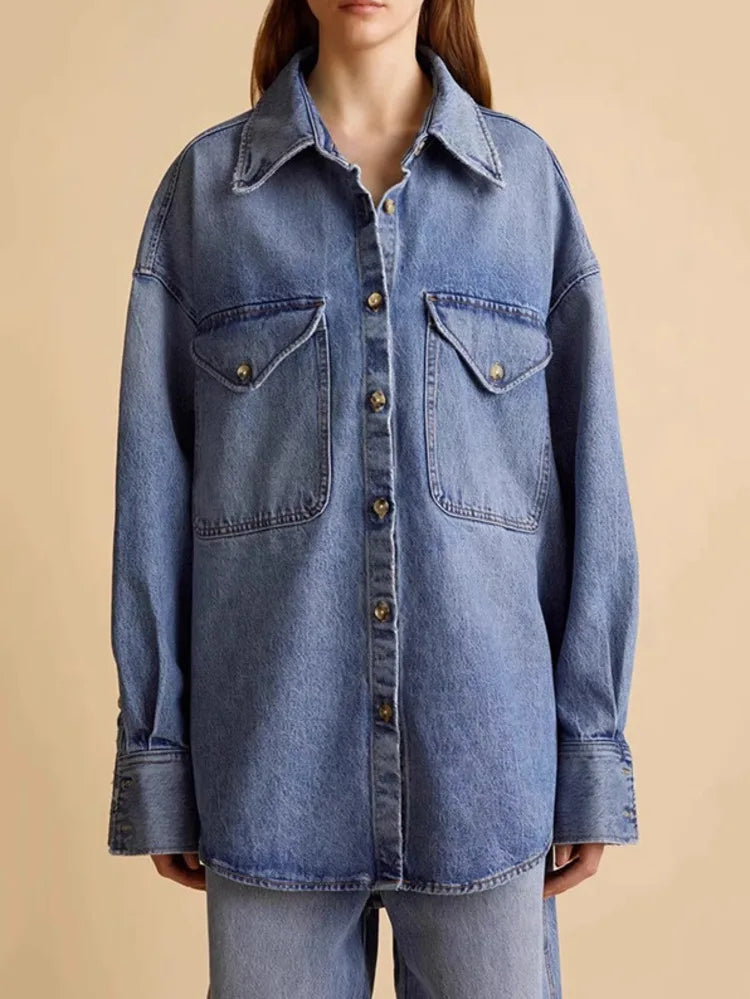 Women's Denim Jackets Lapel Loose Single Breasted Long Sleeve Loose Wash Blue Blouse Coat Spring