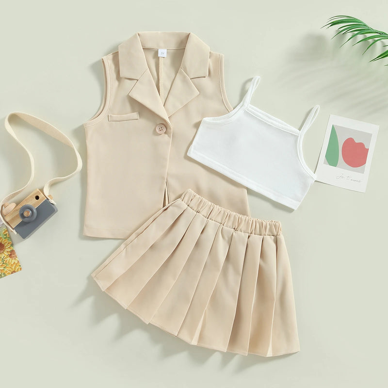 Citgeett Summer Kids Baby Girl Outfit Casual Camisole Elastic Pleated Skirt and Sleeveless Jacket Set Clothes