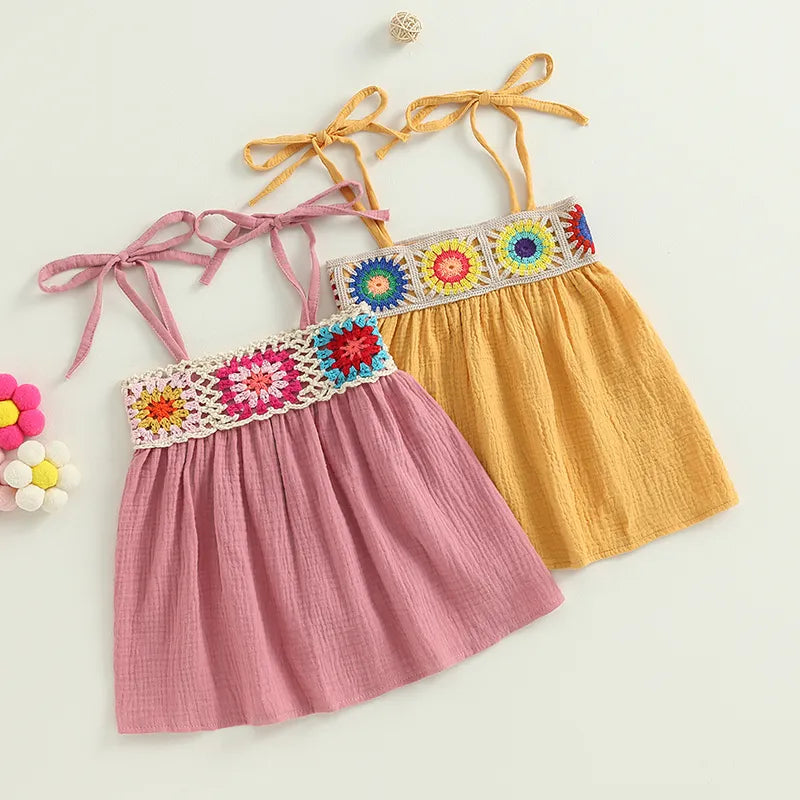Kids Girls Dress Crochet Embroidery Sleeveless Tie-Up Spaghetti Strap Cami Dress Summer Casual Clothes Princess Dress