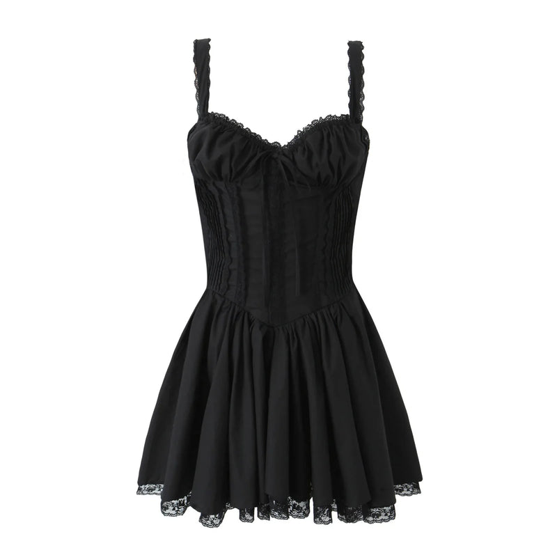 Ruched Chest Spliced Lace Corset Style Sling Dress Woman Cross Bandage Back Low Waist Swing Mini