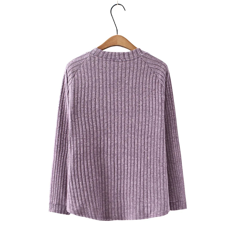 Spring Winter Fleece-lined Stripe Sequins Basic T-shirt Women's Warm Wear Inside Tops