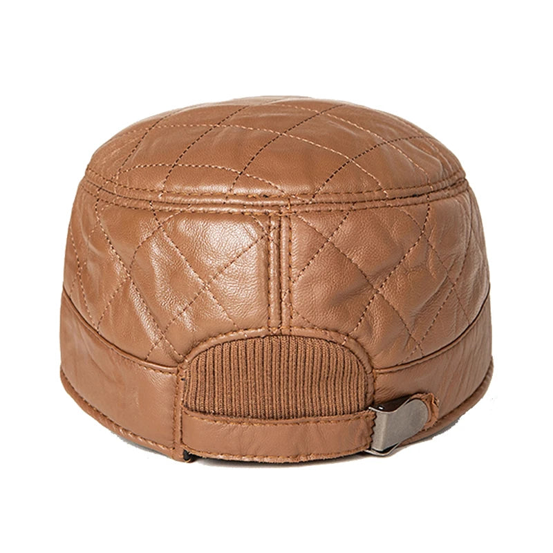 Winter Male Genuine Leather Embroidery Flat Top Caps Black Beige Adjustable Warm Casual