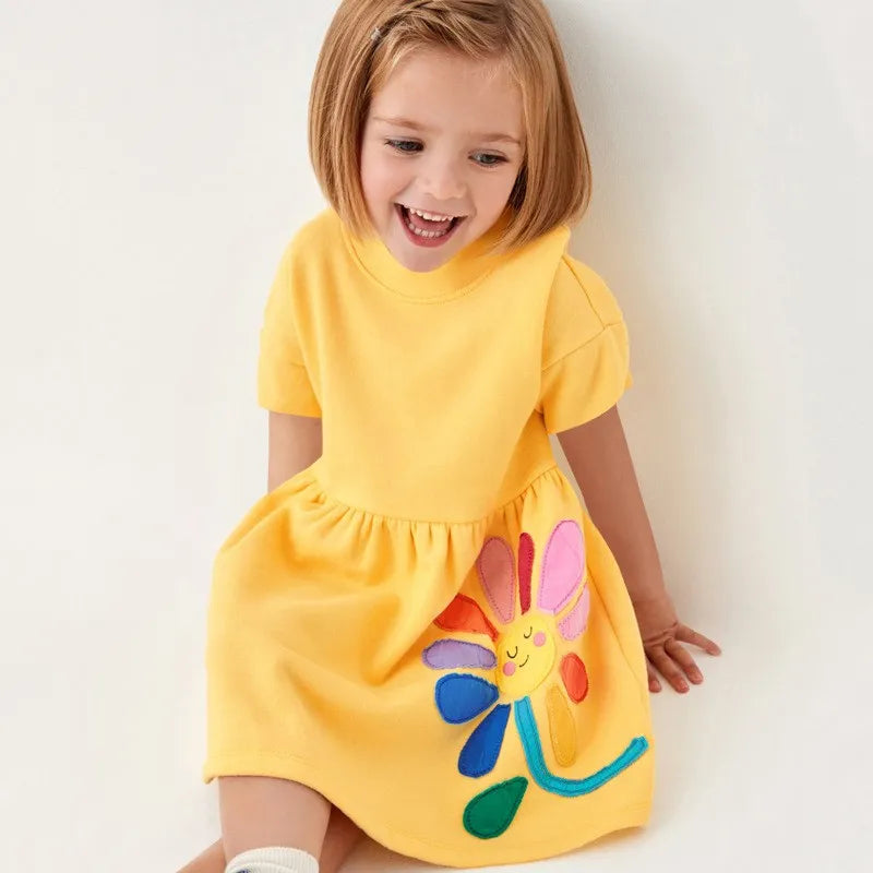Girls Dresses Flower Applique Hot Selling Summer Kids Clothing Short Sleeve Baby Frocks