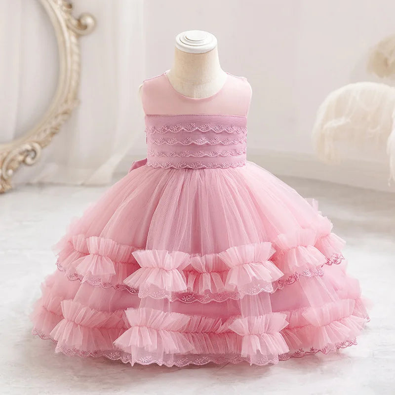 Toddler Baby Girl Gown Flower Lace Layers Dress for Girls Fluffy First Birthday Party Wedding Graduation Kids Clothes 0-3Y