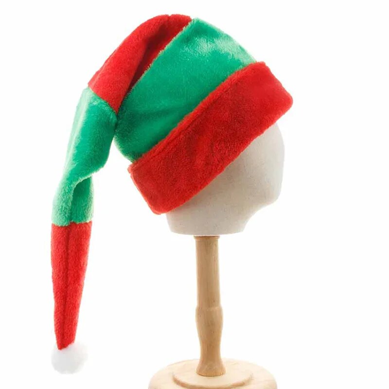 Lengthened Red and Green Stripes Plush Christmas Hat Holiday Decoration Elf Clown Curved Hat Party Santa Hat
