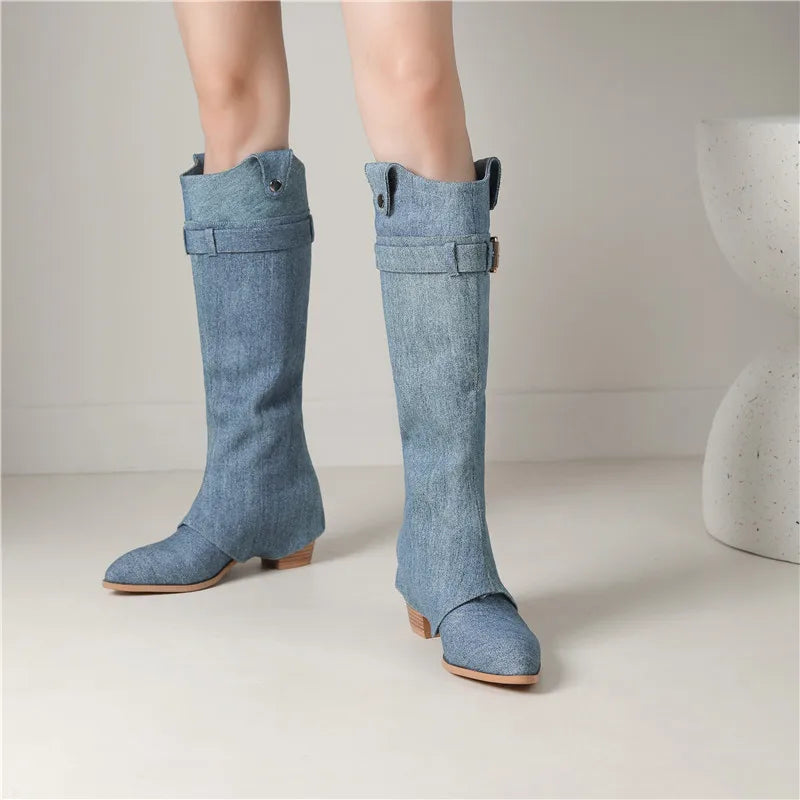 Pointed Toe Denim Slip On Winter Boots Square High Heels Buckle Boots Top Sale Ladies Pleated Knee High Boots