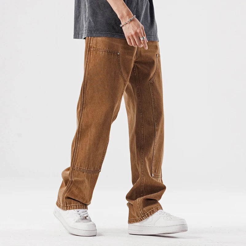 Brown Jeans for Mens Spring and Summer Straight Pocket Decorative Pants