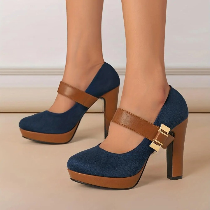 Women's Retro Style Round Toe High Heeled Pumps Buckle Platform Block Heel Shoes Office Lady Comfortable Heels