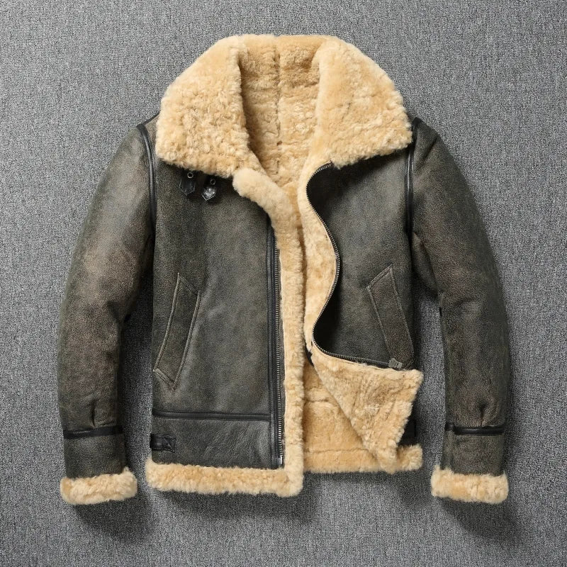 Winter warm thick wool leather jacket men real fur natural shearling outwear.
