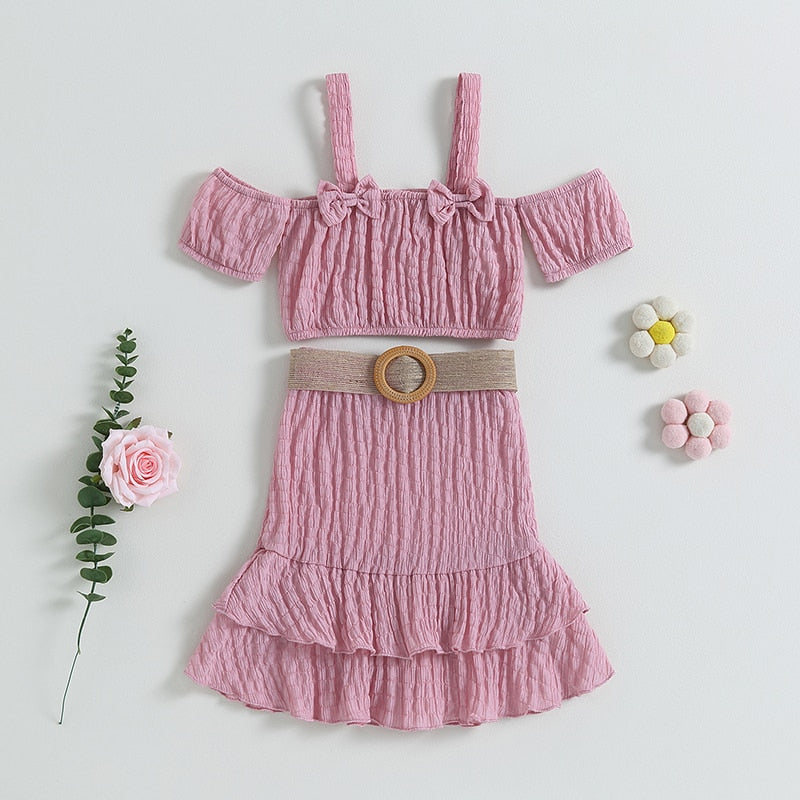 Girls Outfit Sets Summer Kids Casual Clothing For Girls Short Sleeve Strap Tops+Ruffle Skirt Children Baby Girl Clothing