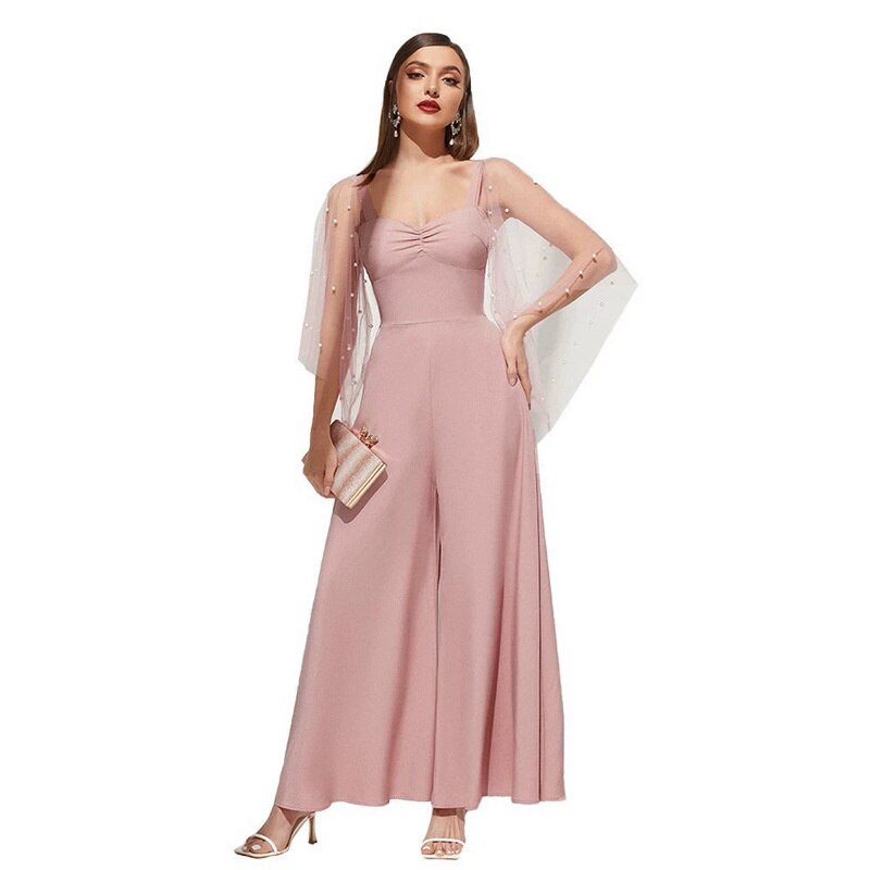 Dress Pink Tulle Flare Sleeve Waist Women Mesh V-Neck Evening Dress New Women Sweet Evening Dress Bridesmaid Dress