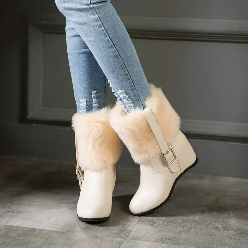 Women Plush Snow Boots with Belt Buckle Thick Heel Winter Warm Height Increase Trendy Platform Shoes