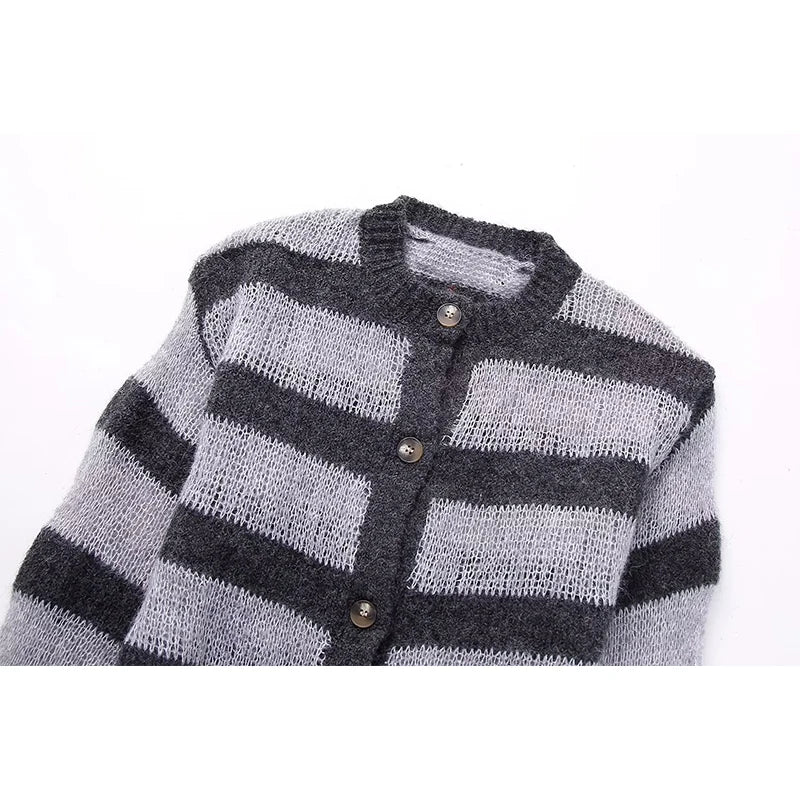 Vintage Autumn Women Long Sleeve Round Neck Casual Striped Knit Cardigan