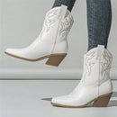 Embroidery Pointed Toe Ankle Boots Women Punk Square Heels Short Western Booties Shoes