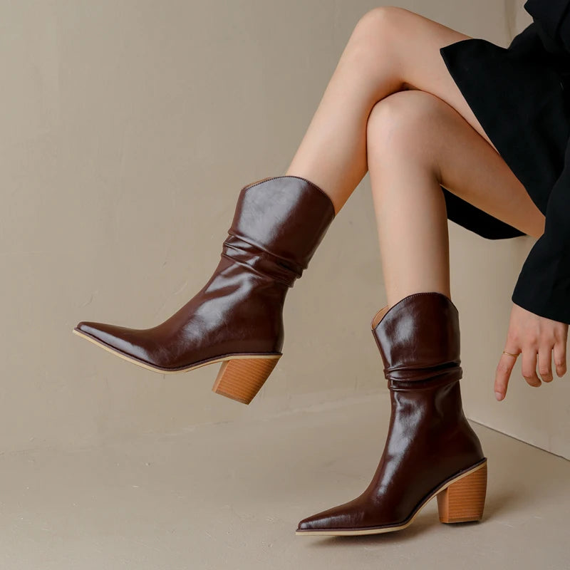 Chelsea Ankle Boots Thick High Heels Dress Shoes Ladies Genuine Leather Women Winter Boots