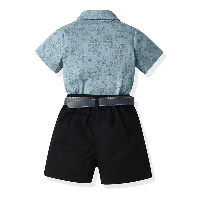 Summer Kids Boys Gentleman Clothing Sets Short Sleeve Shirts with Bowtie Belt Shorts Boy Formal Suit