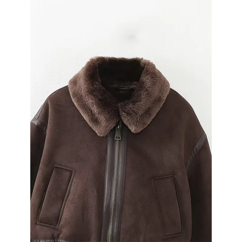 Winter Women Vintage Brown Double Faced Jacket Female Faux Fur Warm Short Coat