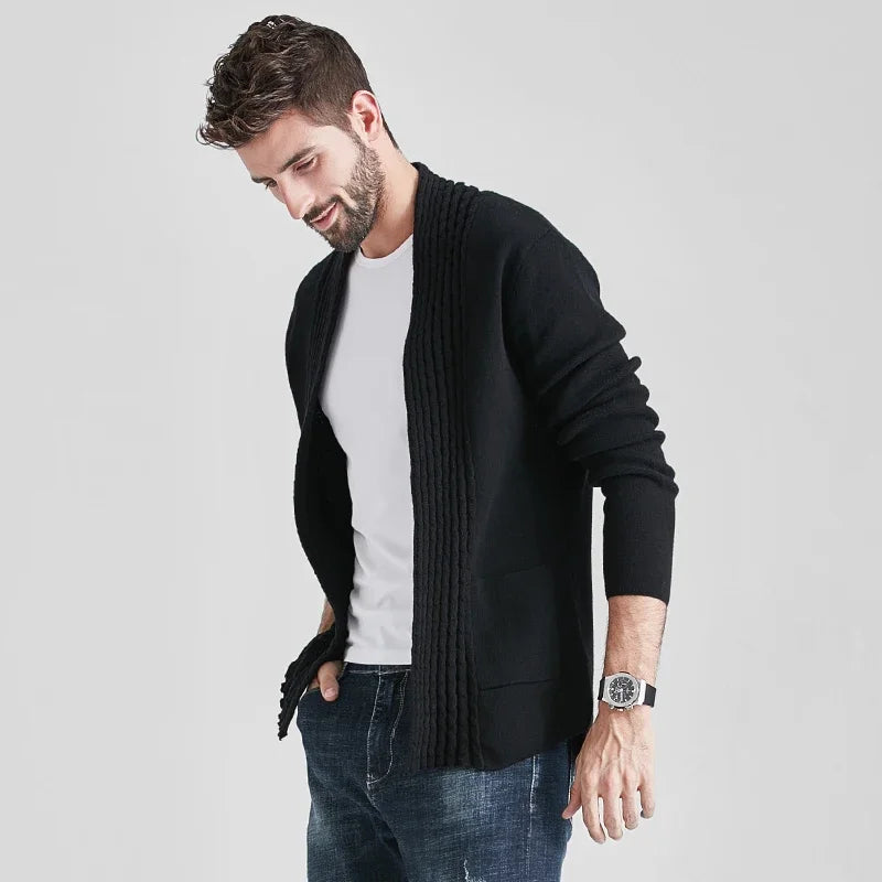 Autumn Winter Knit Men's Cardigan Slim Fit Sweater Simple Male Retro Solid Casual Outwear Long Sleeve Thick Cardigans