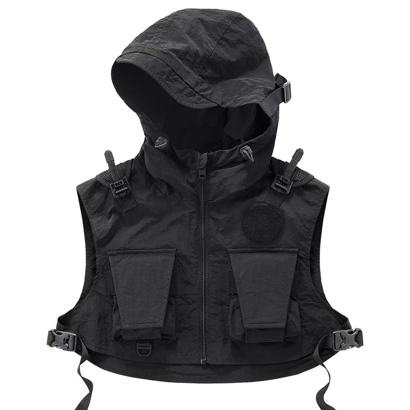 Functional Short Vest Men Tactical Hooded Vest Black Hip Hop Sleeveless Cargo Vest Tops