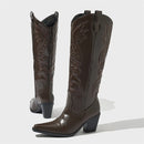 Comfort Leather Knee-High Boots Spring Autumn Pointed Thick Heel Sewing Side Zipper Boots Women