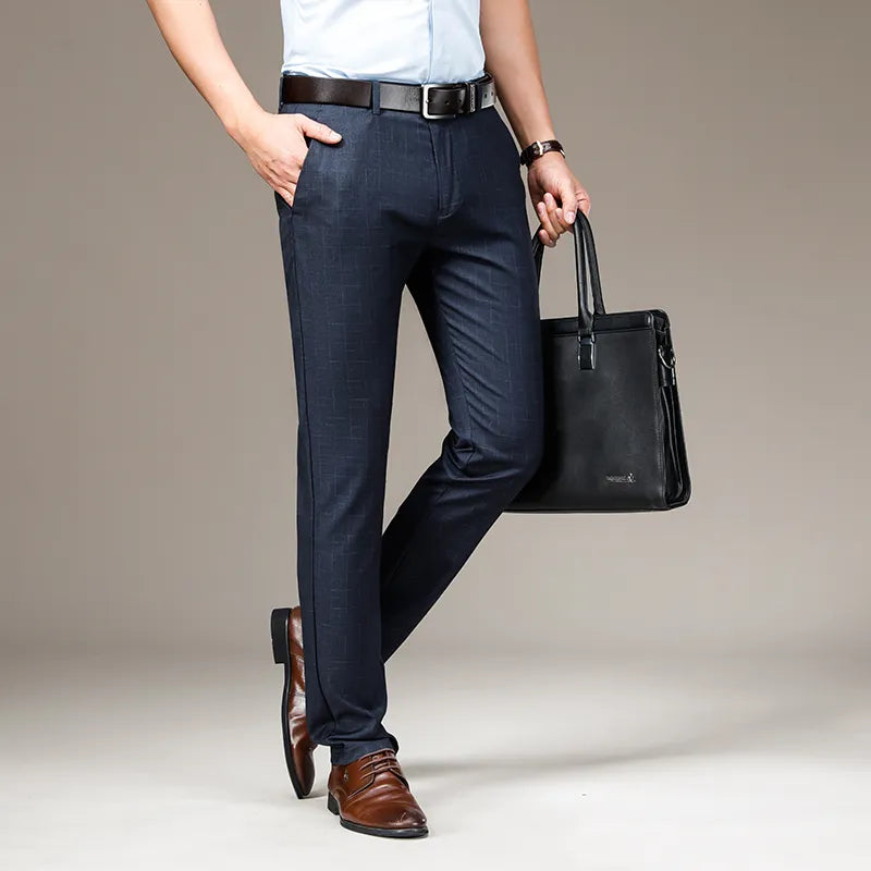 Spring and Summer Fitted Straight Mens Thin Plaid Pants Office Business Casual Clothing High Waist Lightweight  Trousers