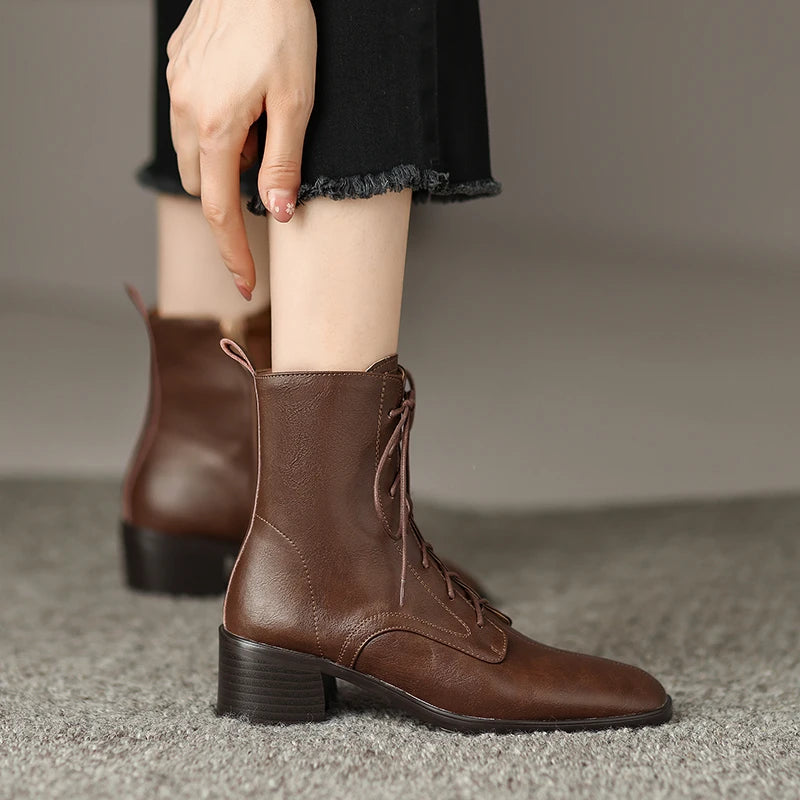 Genuine Leather Zipper Winter Boots Office Ladies Narrow Band Ankle Boots Square Med Heels Women Shoes